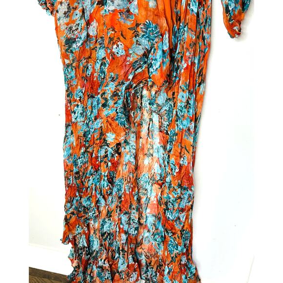 CAROLINE CONSTAS 100% Silk Orange Teal Floral Vivian V-Neckline Dress Size Large - Picture 8 of 16